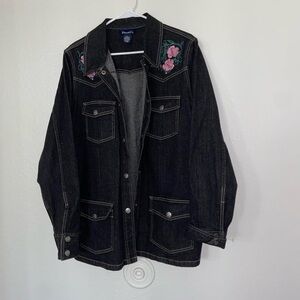 Floral embroidered denim jean jacket black & pink skater long sleeve grunge vibe